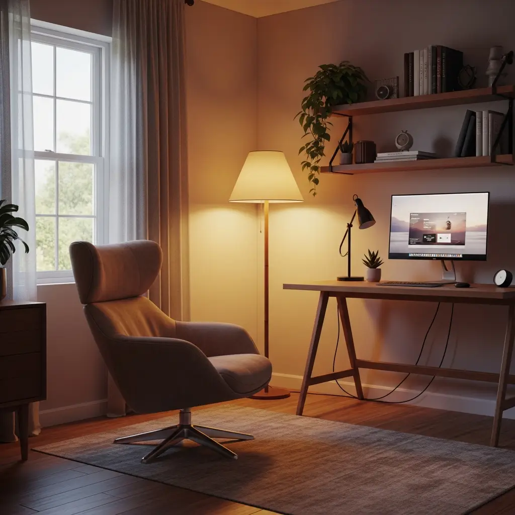 Cozy home office with armchair, wooden desk, computer, and warm lighting