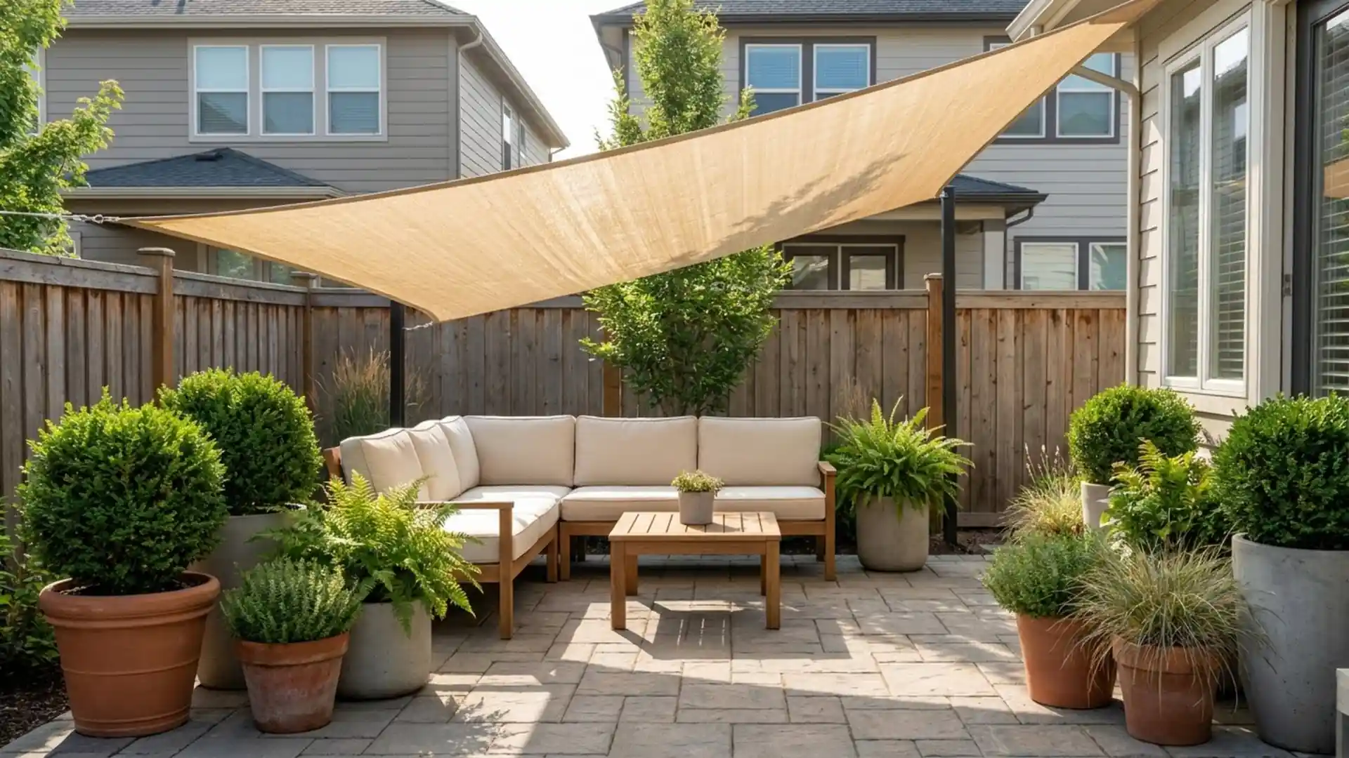 small backyard patio with shade sail canopy, outdoor sectional seating, wood fence, and potted plants in daylight