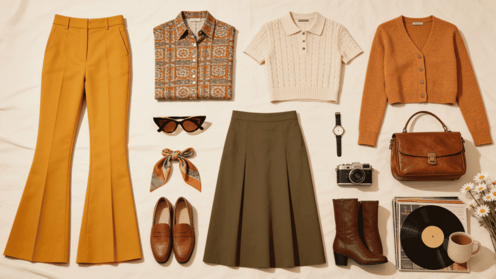 retro aesthetic featuring flared trousers patterned clothing vintage accessories and colorful styling