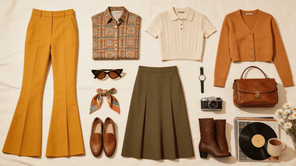 retro aesthetic featuring flared trousers patterned clothing vintage accessories and colorful styling