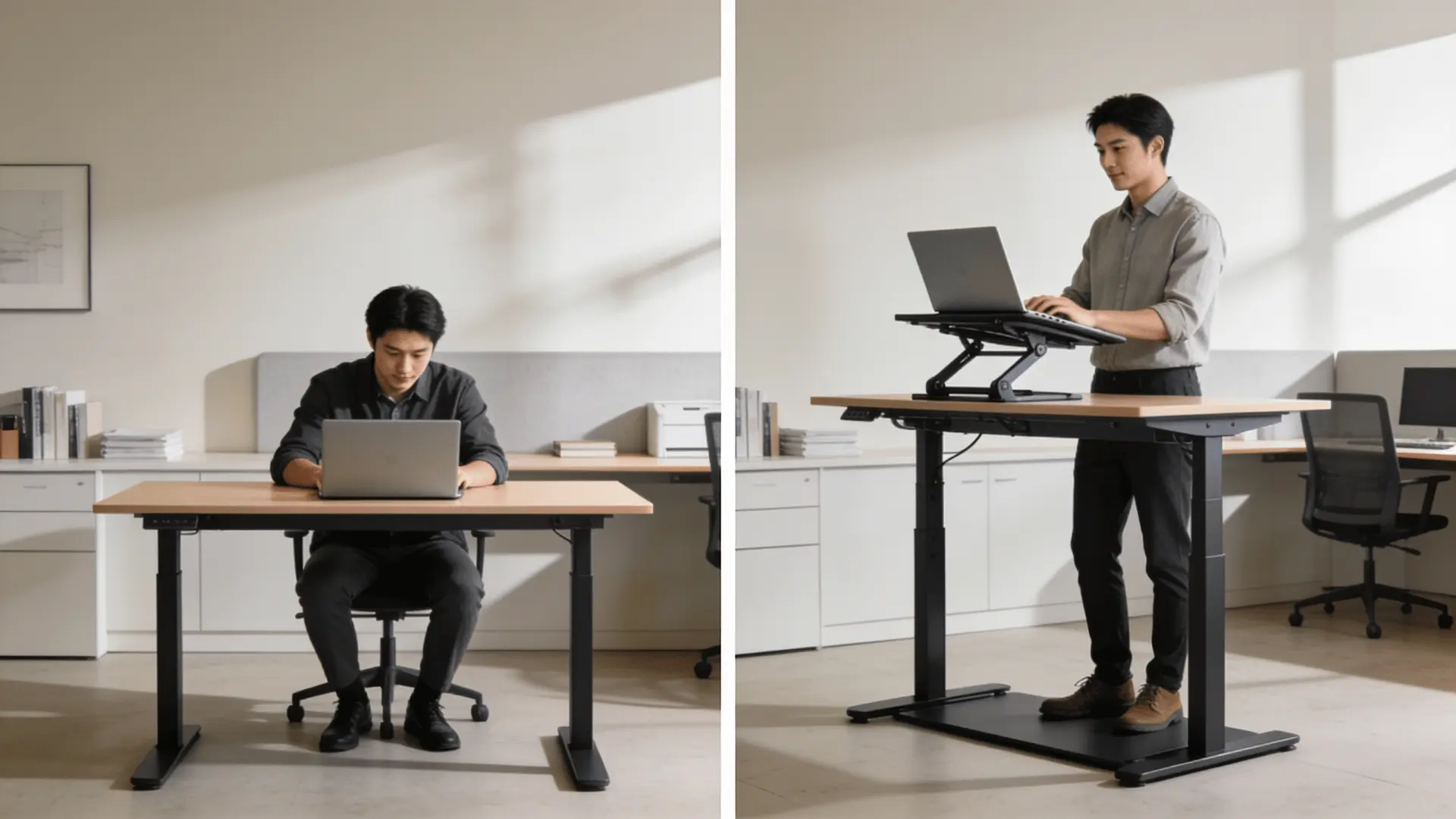 comparison of two modern workspaces showing one person sitting at a regular desk and another standing at a riser desk