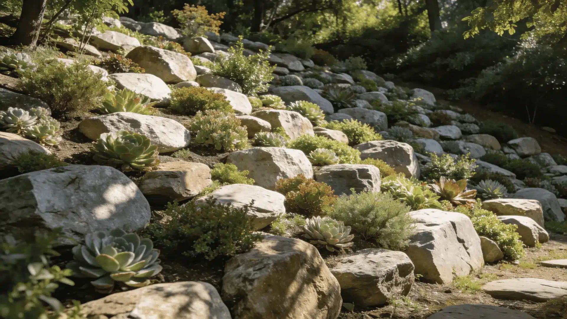 rocky hillside garden with large pale boulders succulents low shrubs and dappled sunlight under trees