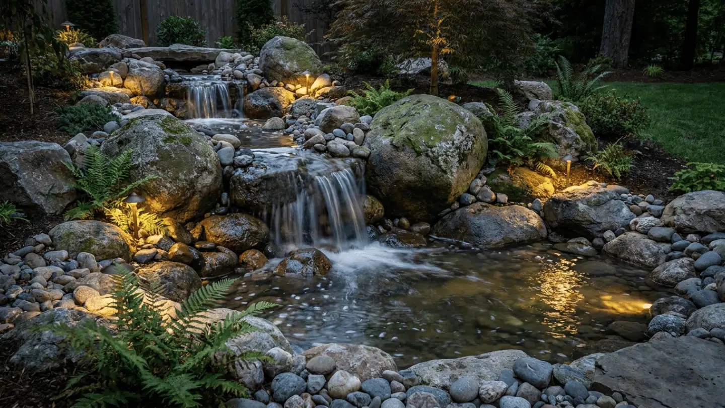 rock waterfall flowing into backyard pond surrounded by large boulders ferns and warm landscape lighting at dusk