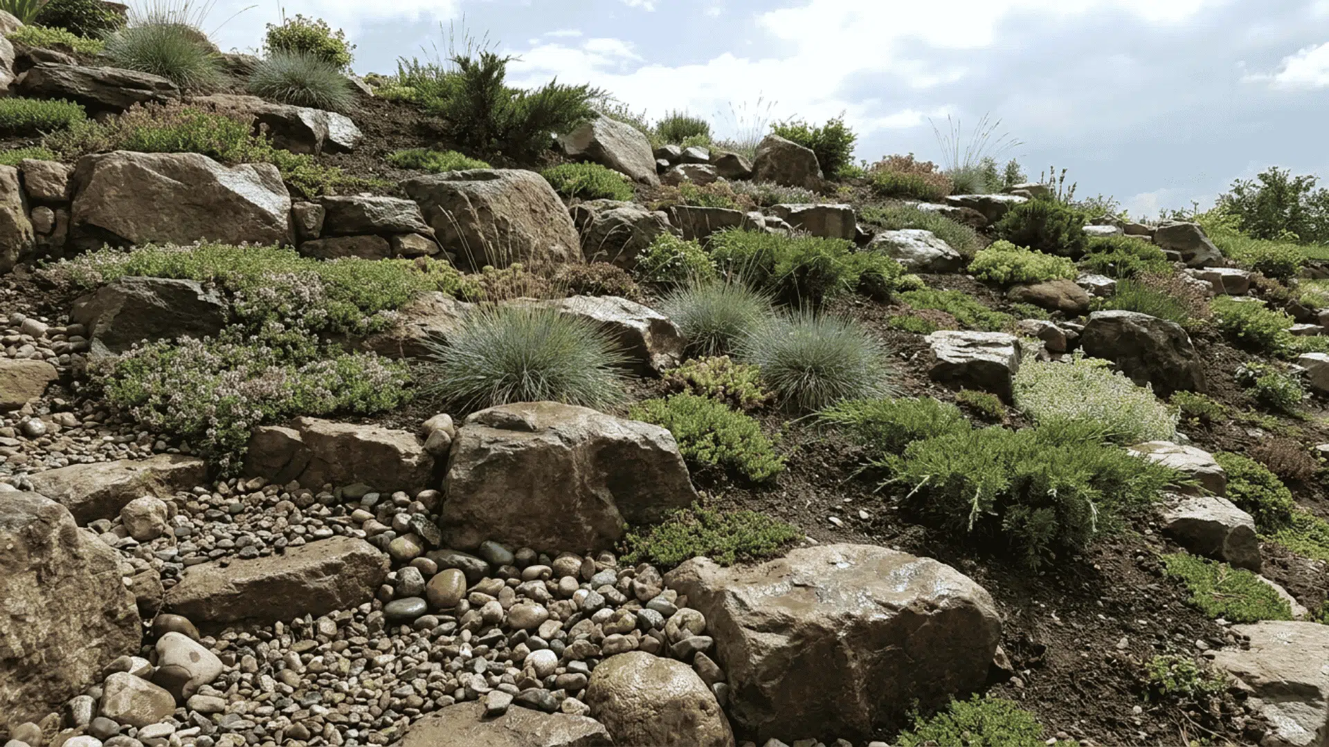 rocky hillside garden with large boulders flowering plants and gravel landscaping under cloudy sky