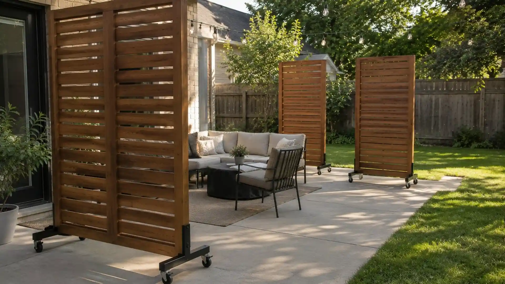 backyard patio with rolling wood privacy panels, outdoor lounge seating, and movable screens on wheels in daylight