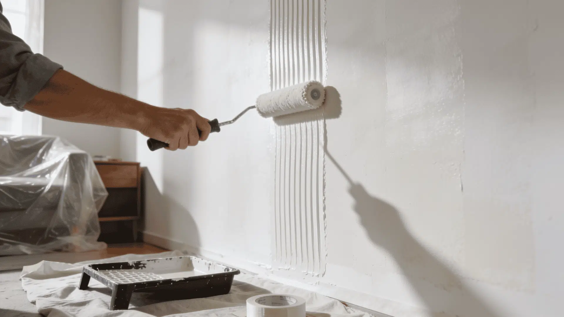 person rolling fresh paint onto a large wall with drop cloths and tape in place