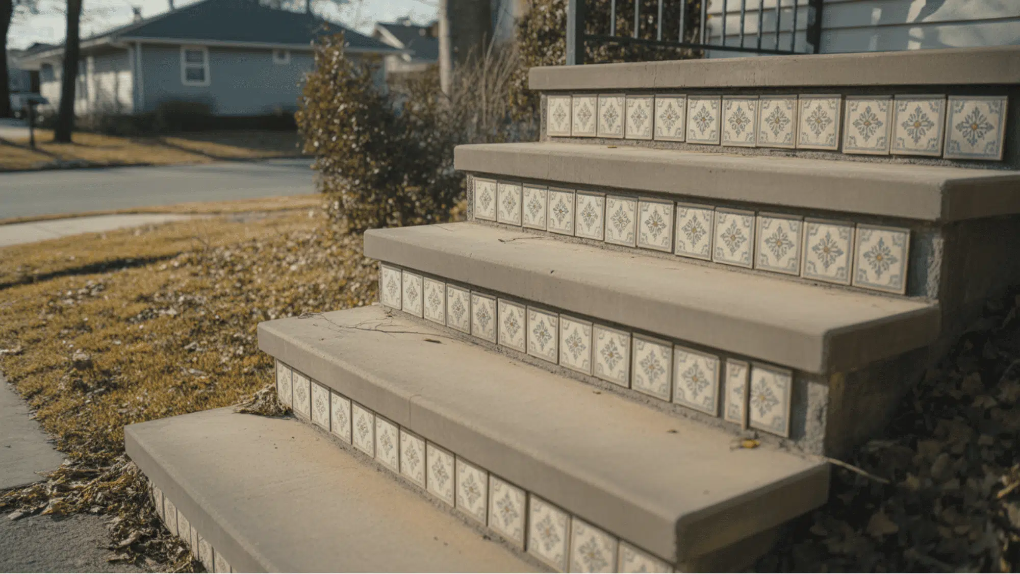 ront porch steps with subtly faded patterned tiles on the risers and fallen leaves in natural harsh morning sunlight