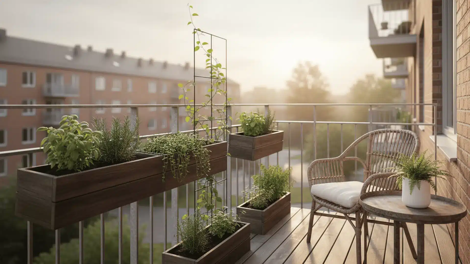 sunlit apartment balcony with wood planter boxes climbing herbs wicker chair small round table and soft city view