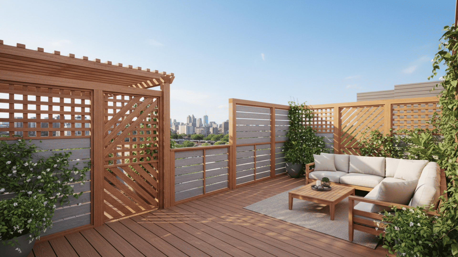 rooftop deck with wood privacy panels pergola sofa coffee table climbing plants and city skyline view