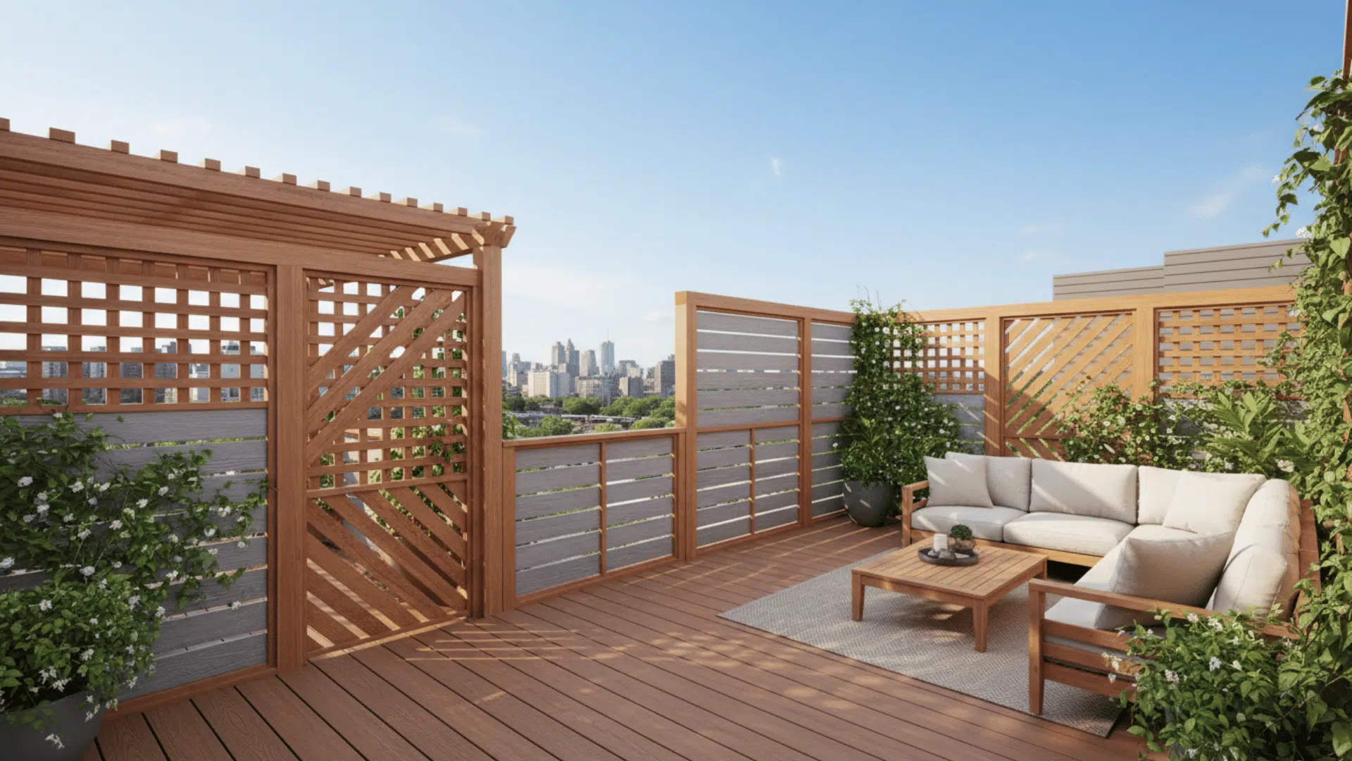 rooftop deck with wood privacy panels pergola sofa coffee table climbing plants and city skyline view