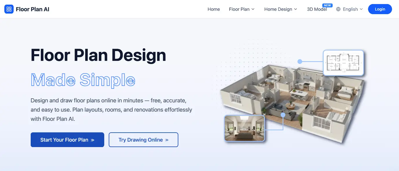 3D apartment layout with furniture, floor plan overlay, and callouts on light background
