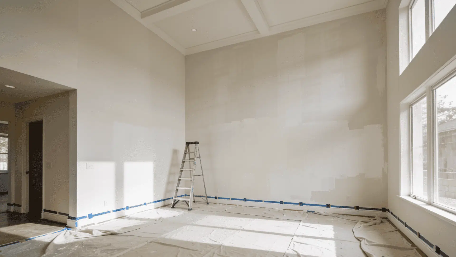 large living room prepared for painting with tall walls high ceiling ladder drop cloths and taped baseboards