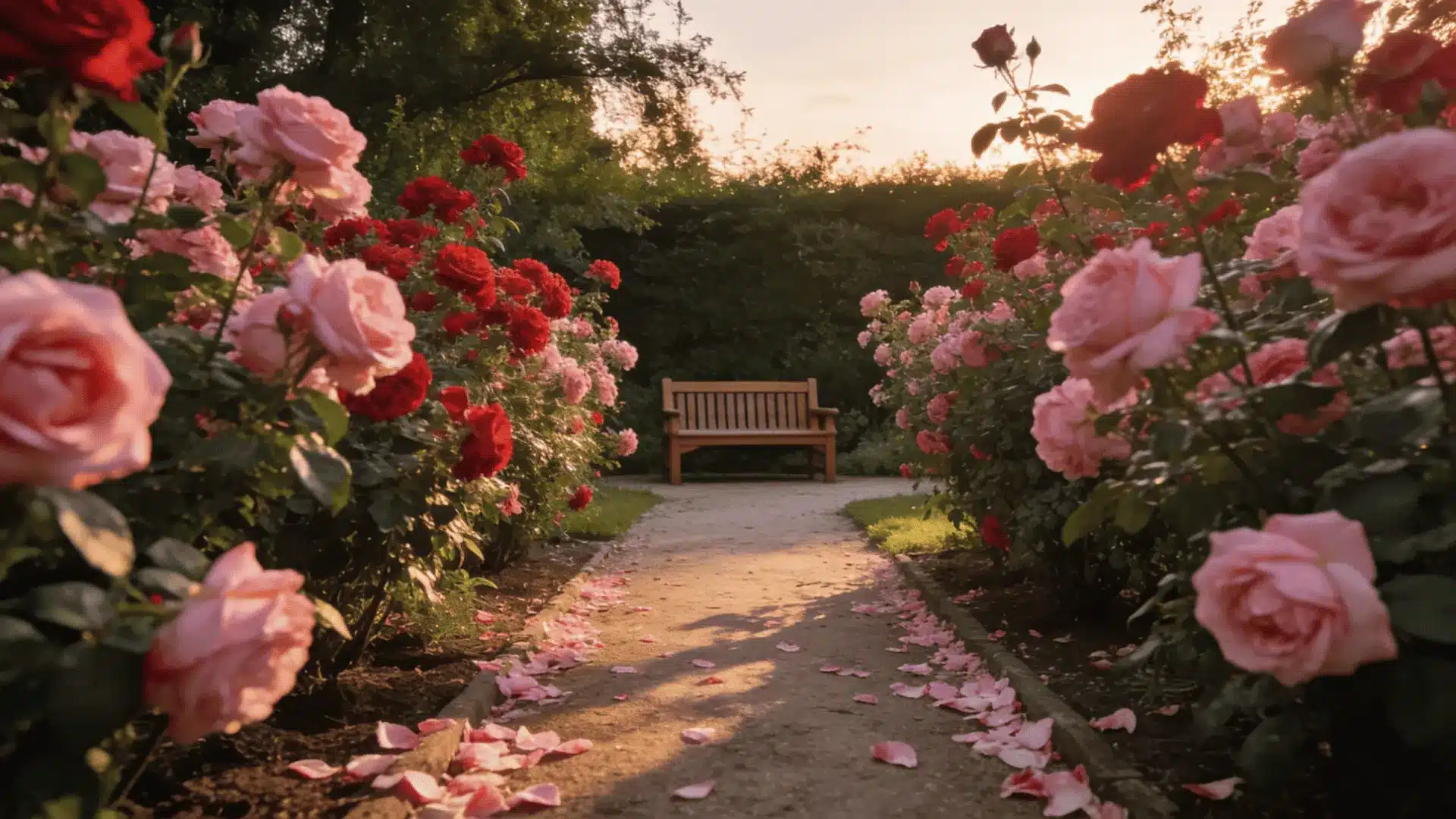vibrant pink and red rose bushes blooming along a white wooden garden trellis in a sunny yard