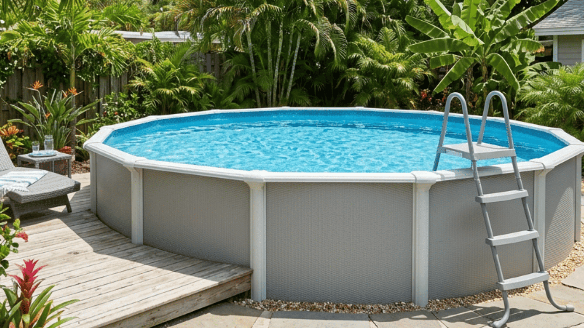 round above ground pool with ladder in a tropical backyard surrounded by palms flowers and stone patio
