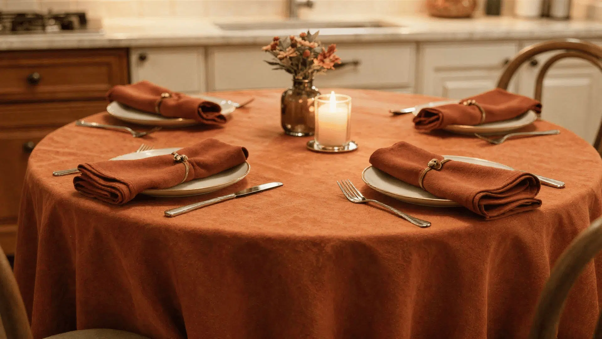round dining table is set for four with orange tablecloth plates napkins cutlery a lit candle and a small vase of flower