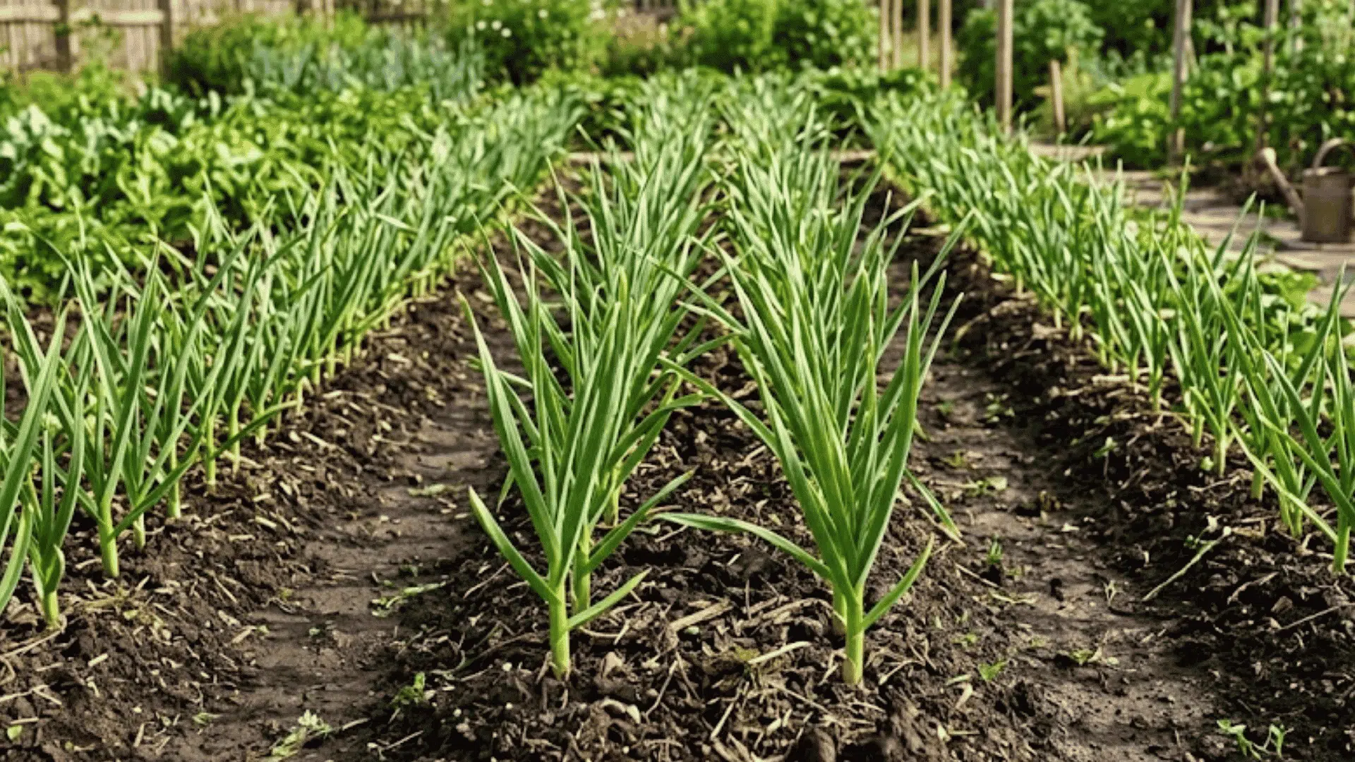 rows of green onion plants growing in rich soil across a large vegetable garden