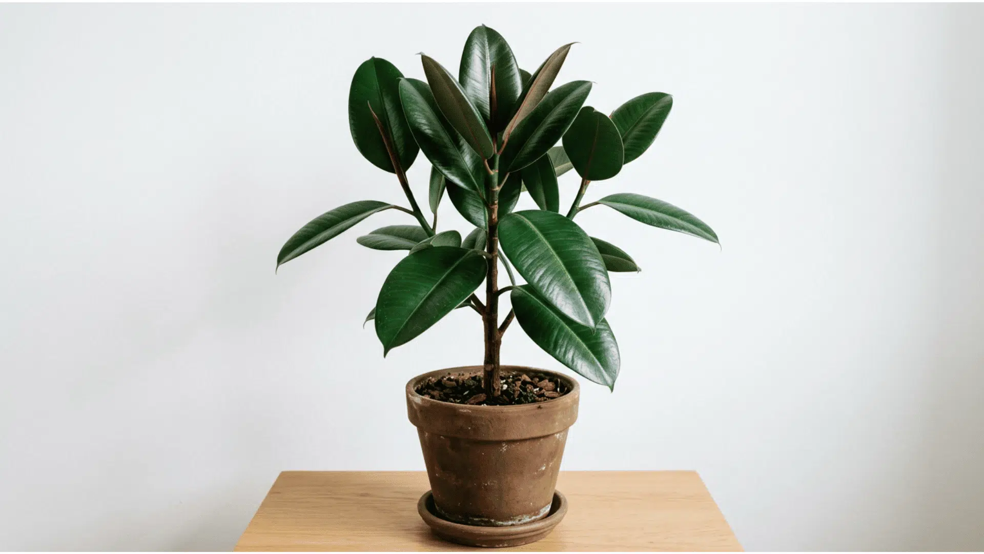 rubber plant with large glossy deep green oval leaves on a woody stem in a terracotta pot placed on a wooden surface