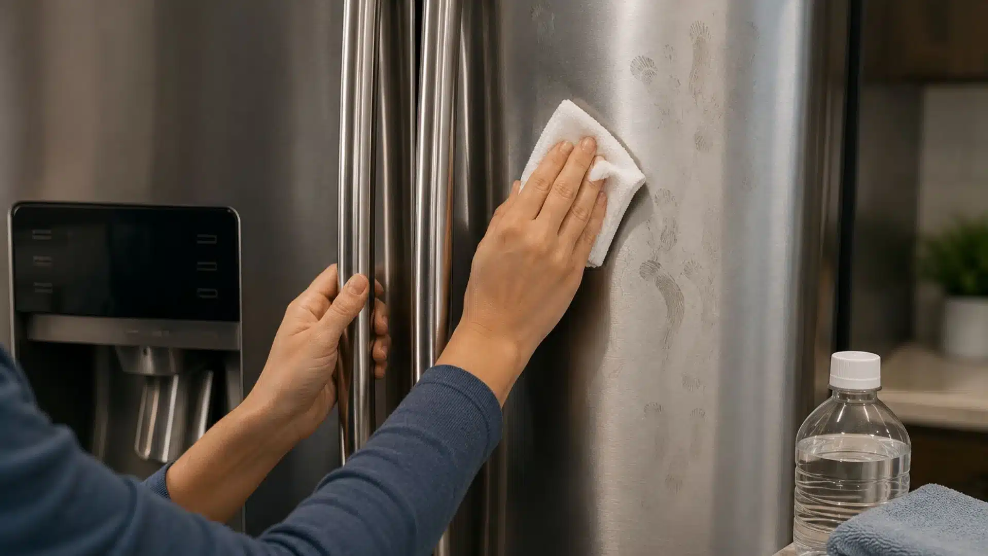 person wiping sticky smudges off stainless steel refrigerator door with cloth and rubbing alcohol.