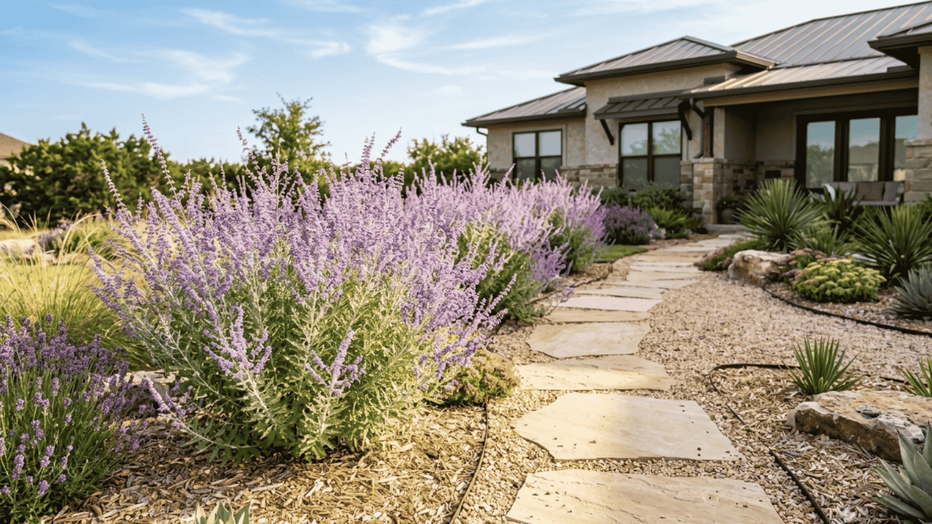 Russian sage airy purple Russian sage swaying in sunny drought tolerant garden landscape