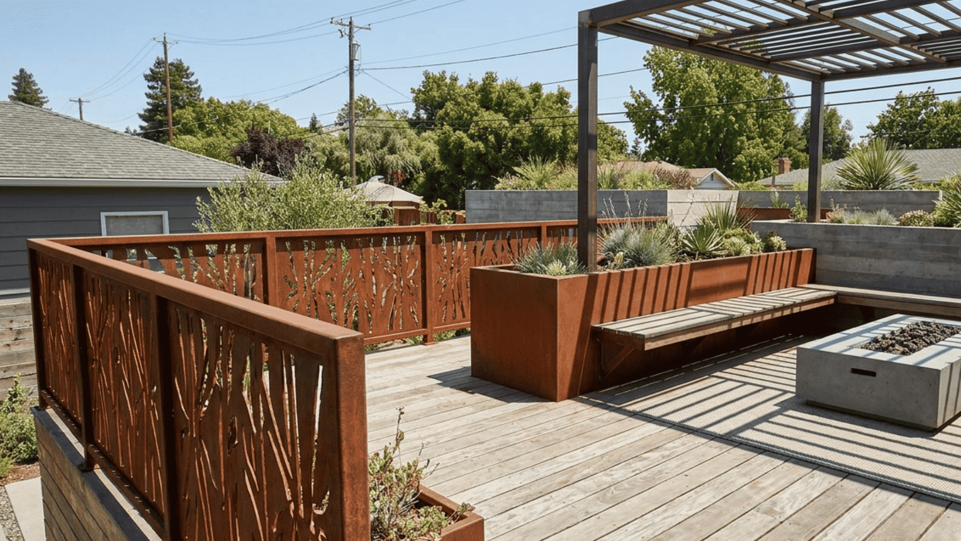 rusted metal deck railing with branch cutout panels planters bench pergola and fire pit on a wooden patio