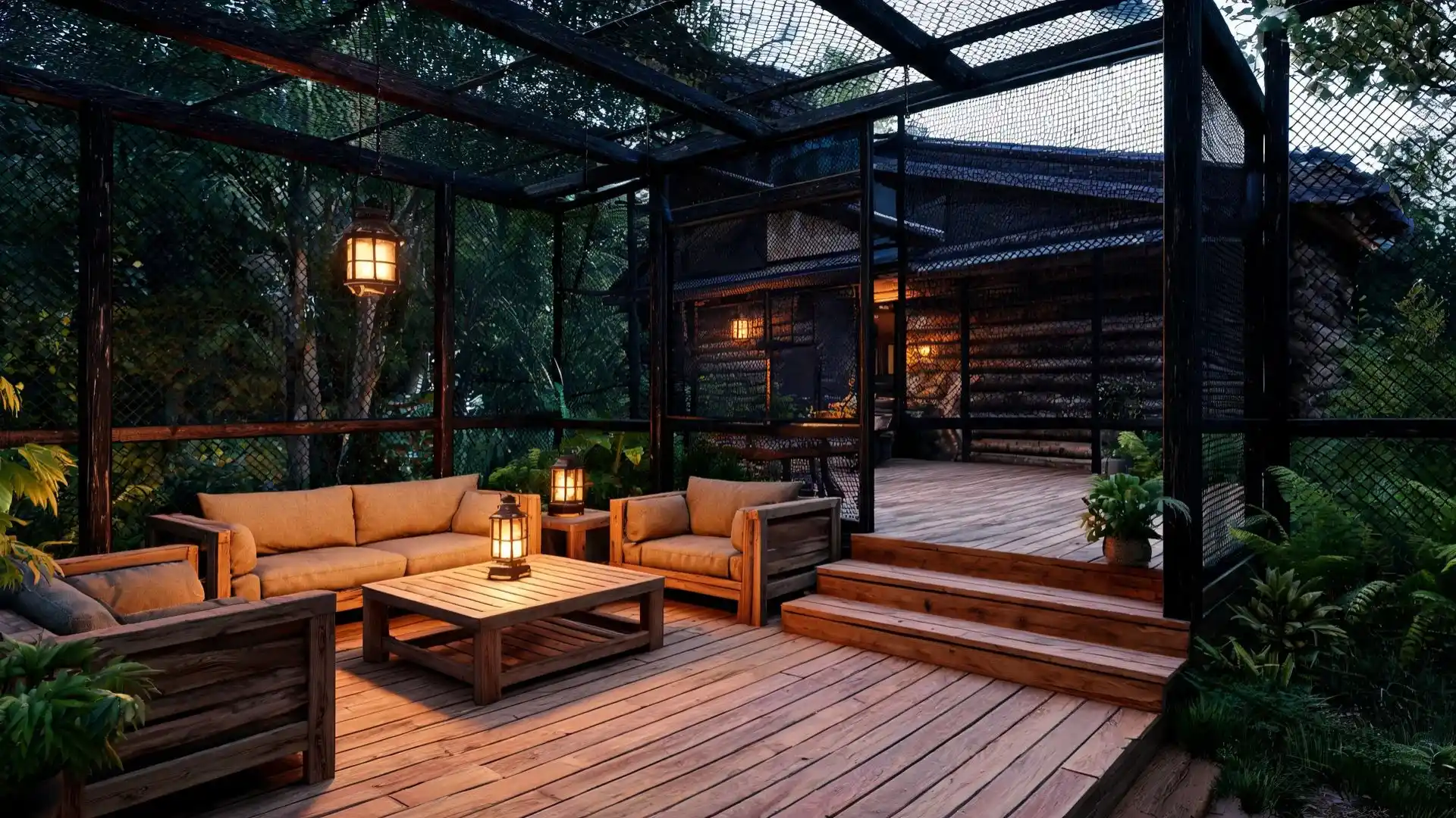 rustic wood sectional sofa with tan cushions around a lit lantern on a two-level wood plank deck at dusk