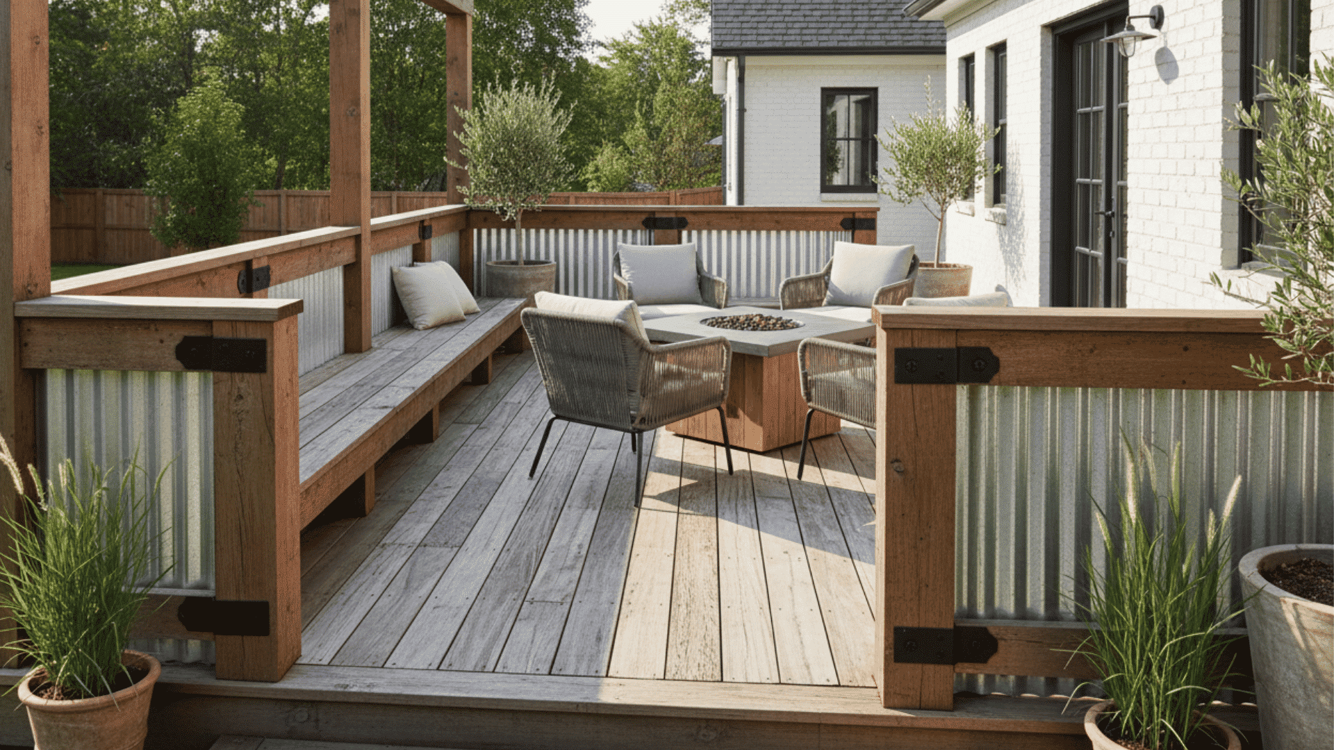 rustic deck with wood and corrugated metal railing wicker chairs fire table and potted olive trees
