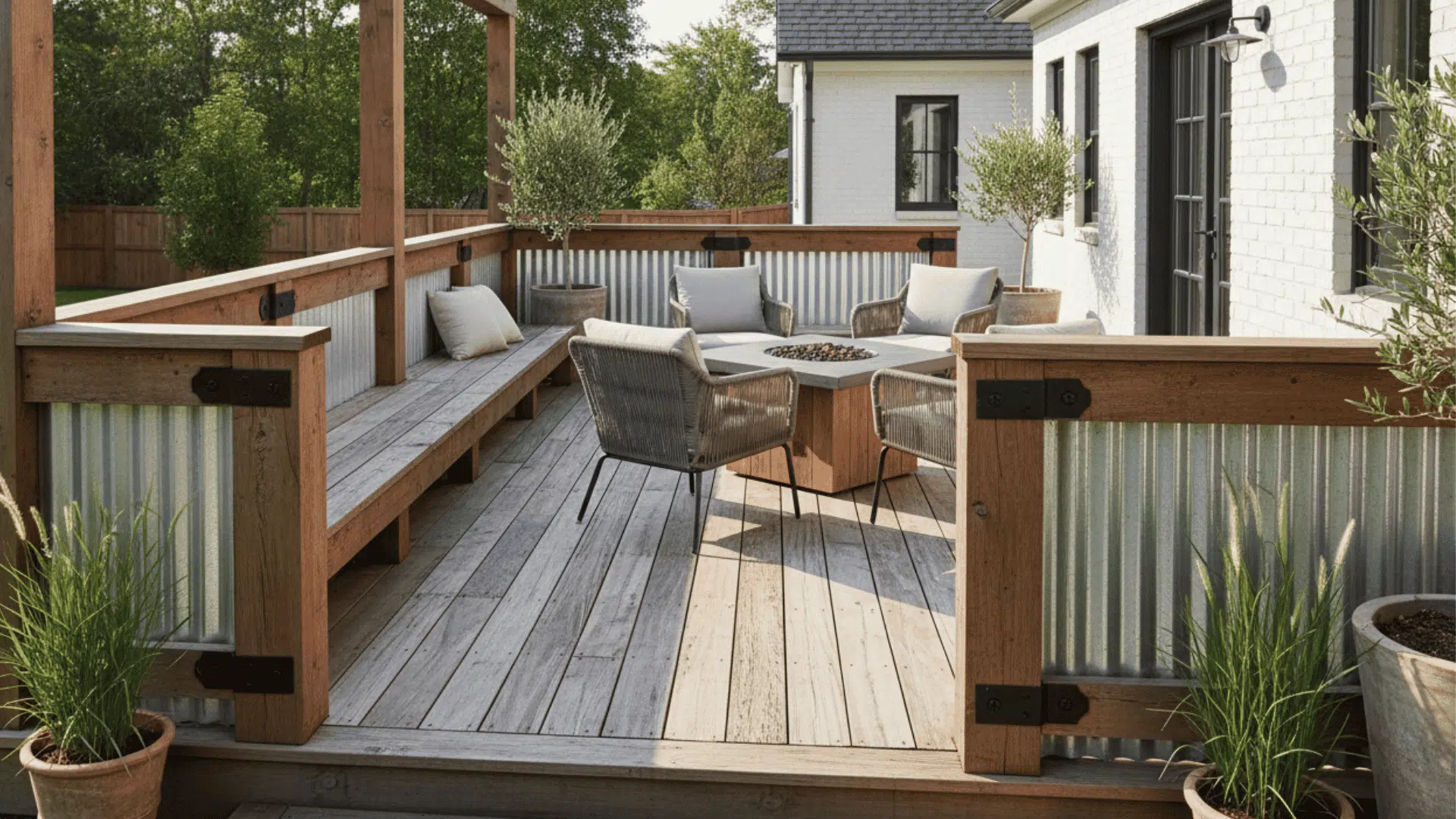 rustic deck with wood and corrugated metal railing wicker chairs fire table and potted olive trees