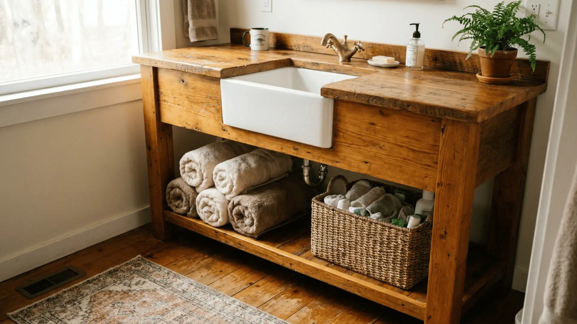 rustic wood bathroom vanity with an open bottom shelf holding rolled towels and a basket in a home