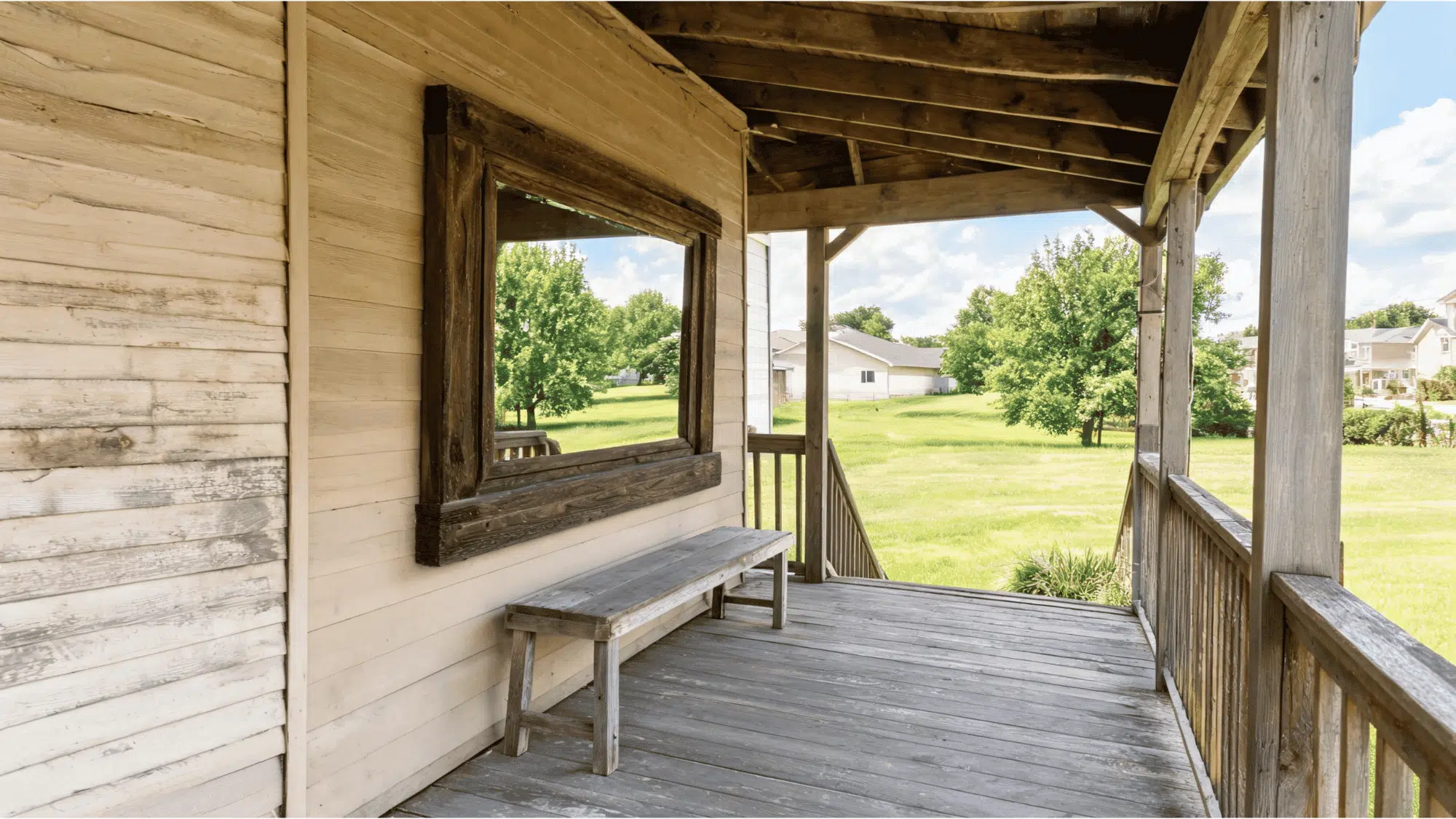 rustic wood framed outdoor mirror hanging on a narrow porch wall reflecting green yard trees and a simple bench