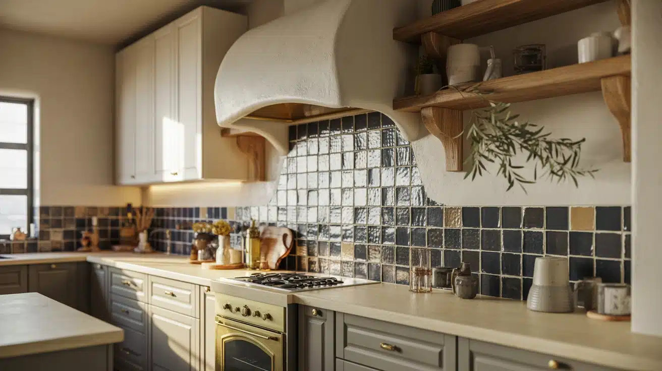 Rustic kitchen with curved plaster hood and glossy black zellige tile backsplash in warm natural light