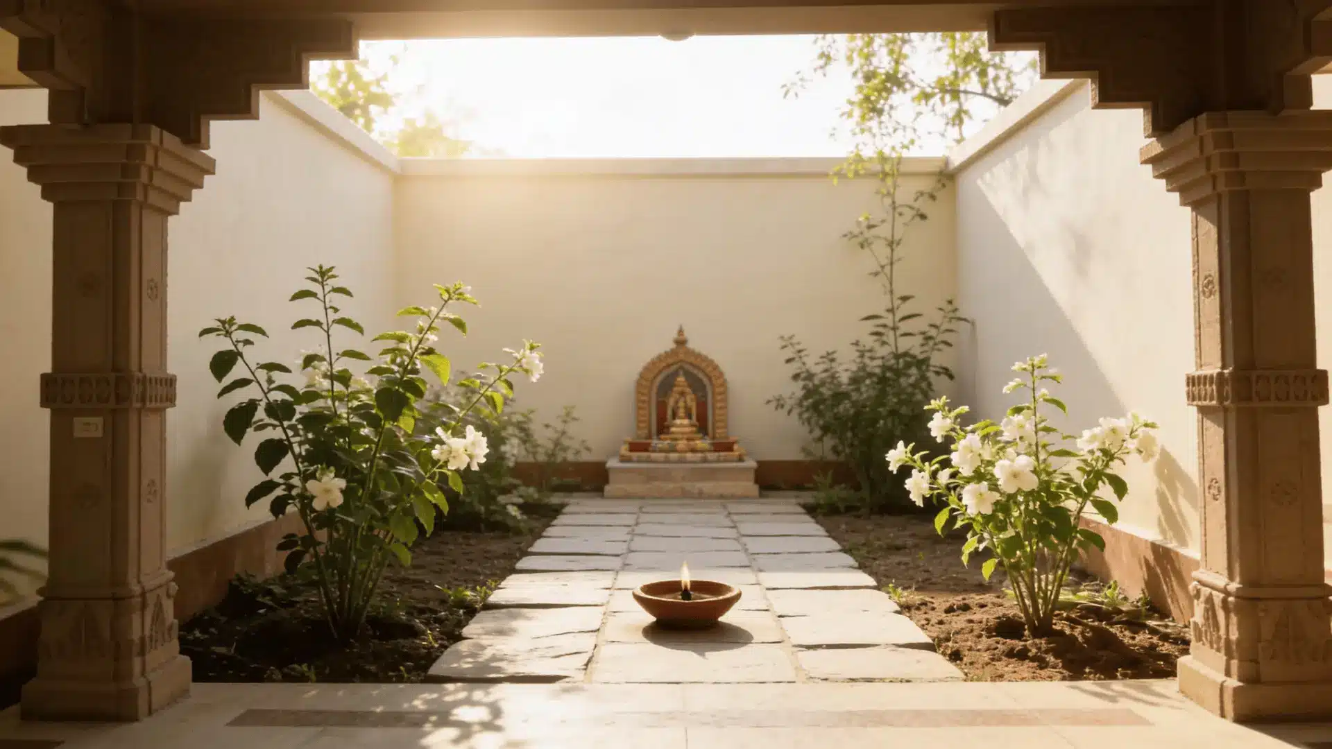 quiet courtyard garden with carved pillars white flowers a stone walkway a small shrine and a glowing oil lamp