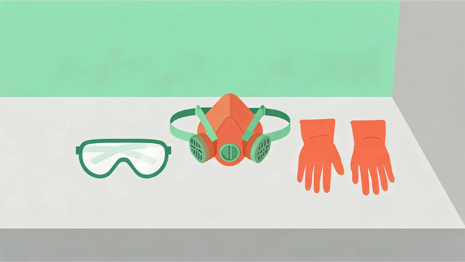 safety goggles respirator mask and gloves arranged on a workbench before removing mold from a wall