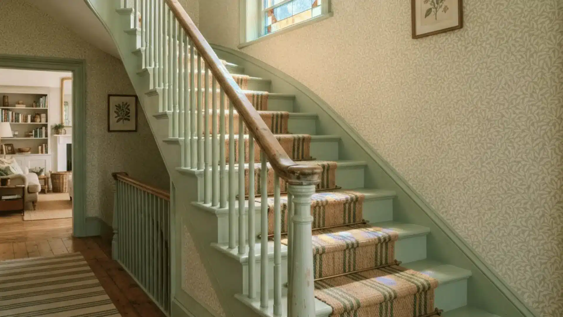 sage green painted stairs with cream walls wood railing and plants in a cottage style home