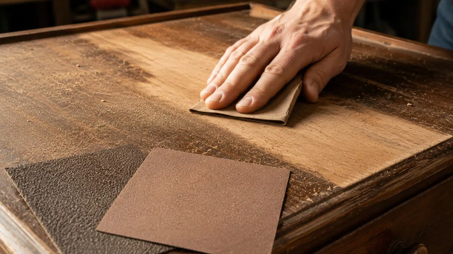 close-up realistic photograph of a hand sanding the flat surface of a wooden dresser top on a workbench with two sheets of sandpaper visible in the foreground, one noticeably coarser and rougher in texture and one visibly smoother and finer, the dresser surface showing partial sanding with some areas stripped and some still showing old dark finish, fine wood dust scattered across the surface, and warm workshop lighting from the side highlighting the wood grain and texture contrast