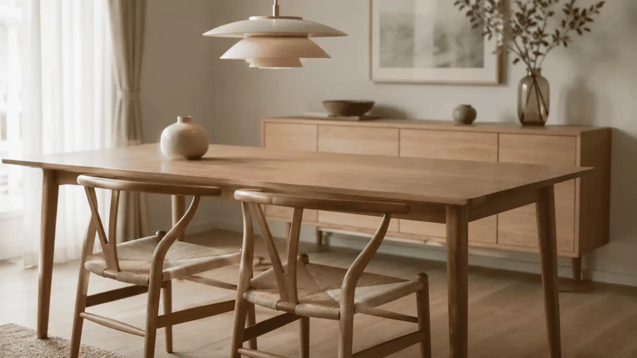 scandinavian dining room with oak table wishbone chairs pendant light and slim wood sideboard