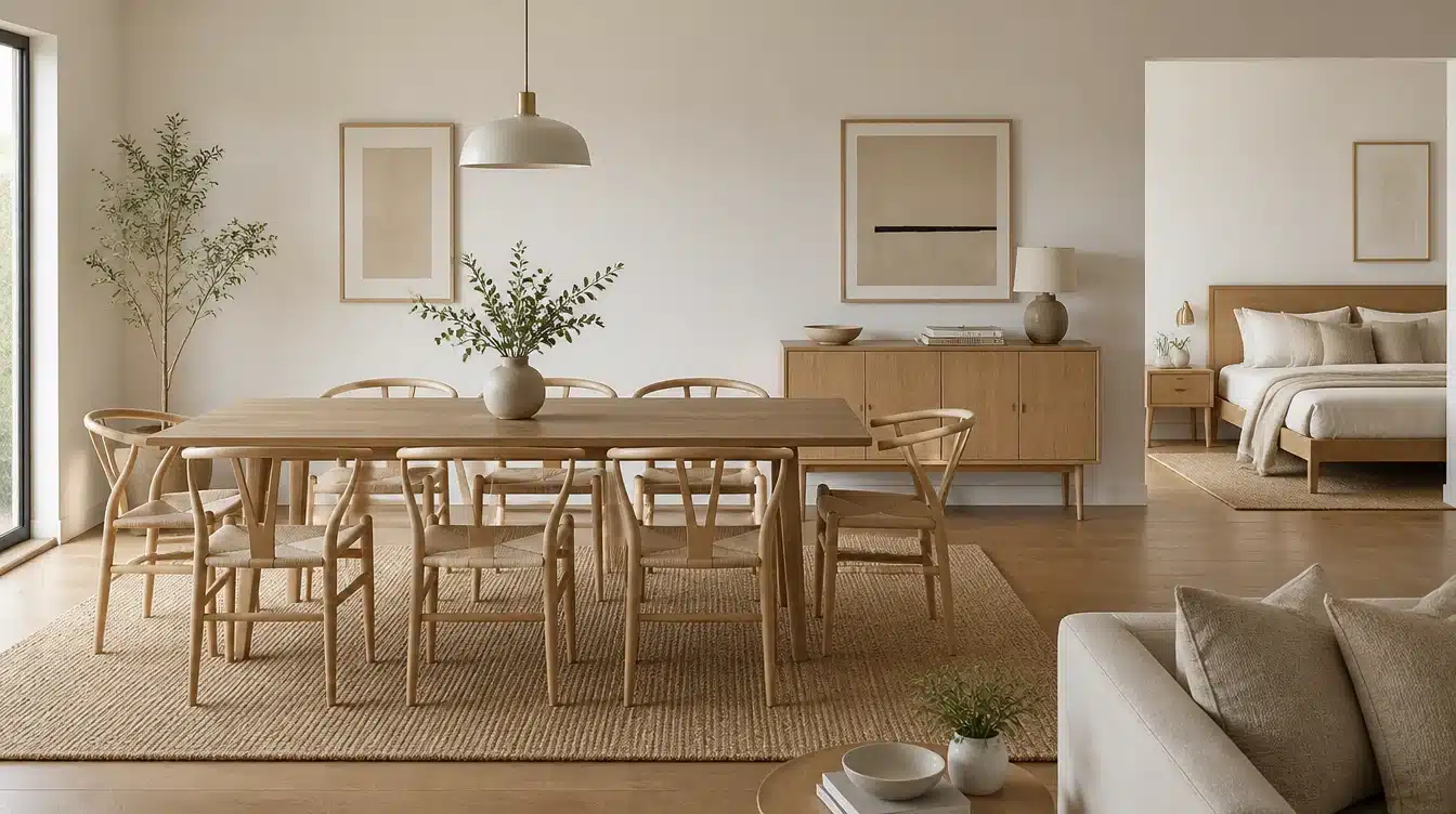 scandinavian dining room with wishbone chairs light wood sideboard jute rug and neutral beige decor
