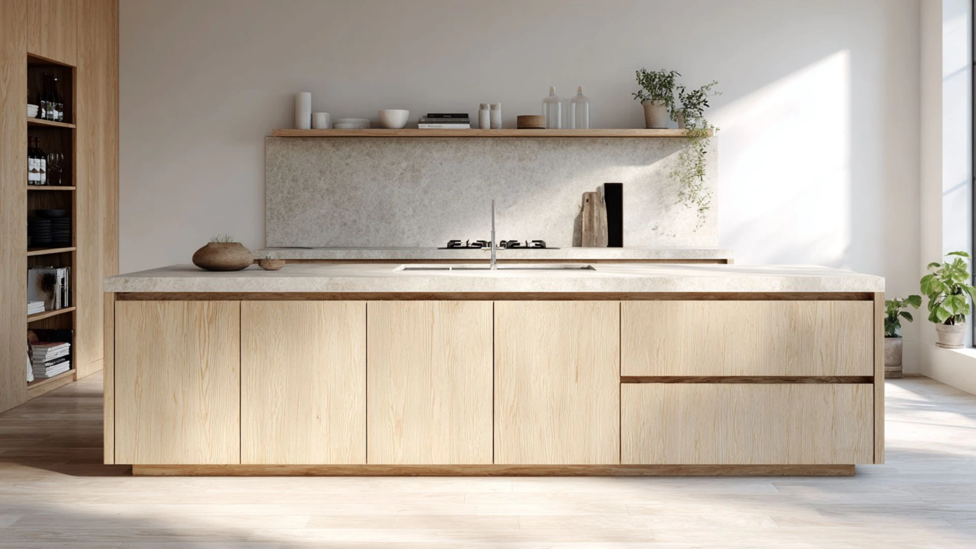 scandinavian kitchen island with light ash handleless flat-panel doors and pale stone countertop in minimal space