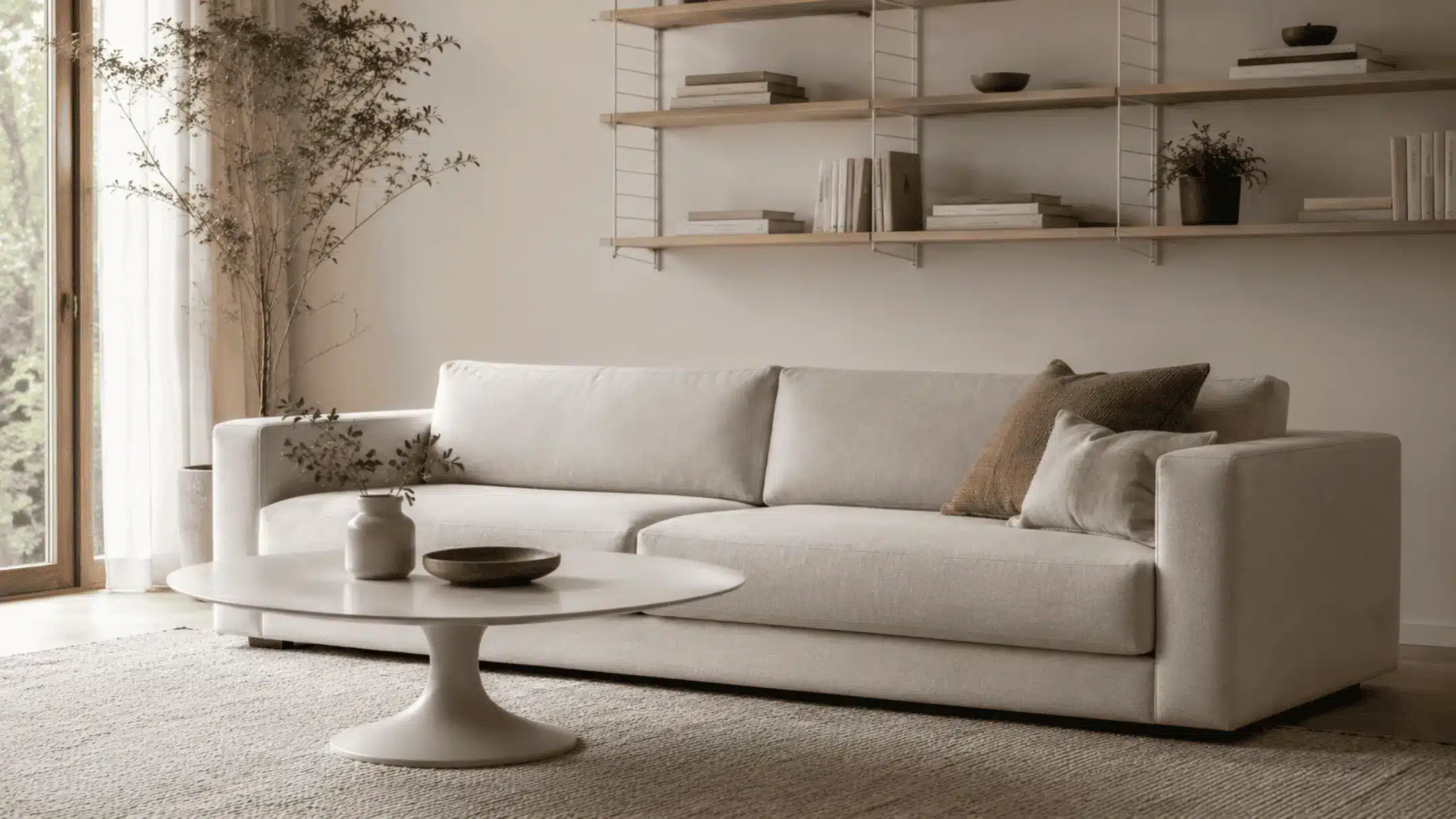 scandinavian living room with cream sofa tulip coffee table wall shelf books and soft daylight