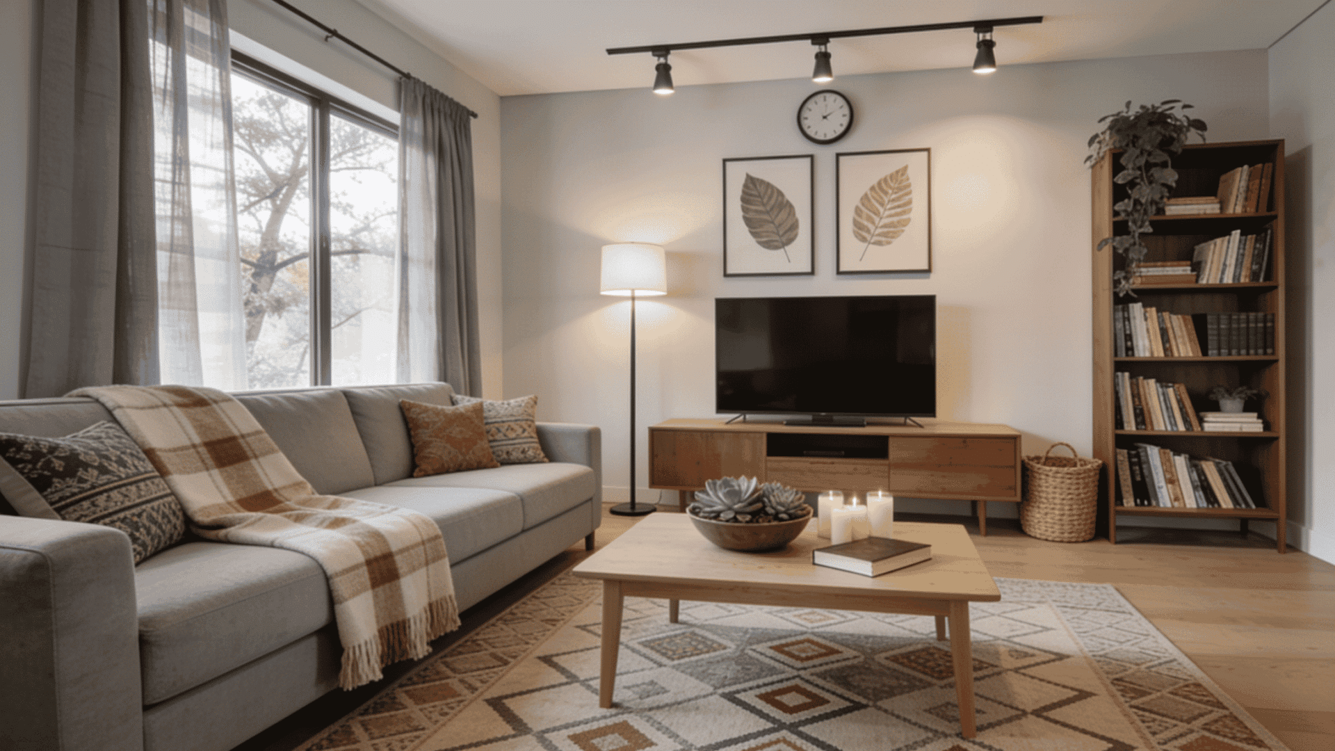scandinavian living room with light wood furniture gray sofa open shelving and soft natural daylight