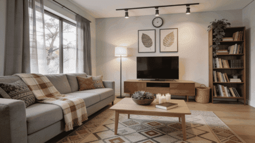 scandinavian living room with light wood furniture gray sofa open shelving and soft natural daylight