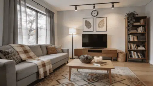 scandinavian living room with light wood furniture gray sofa open shelving and soft natural daylight
