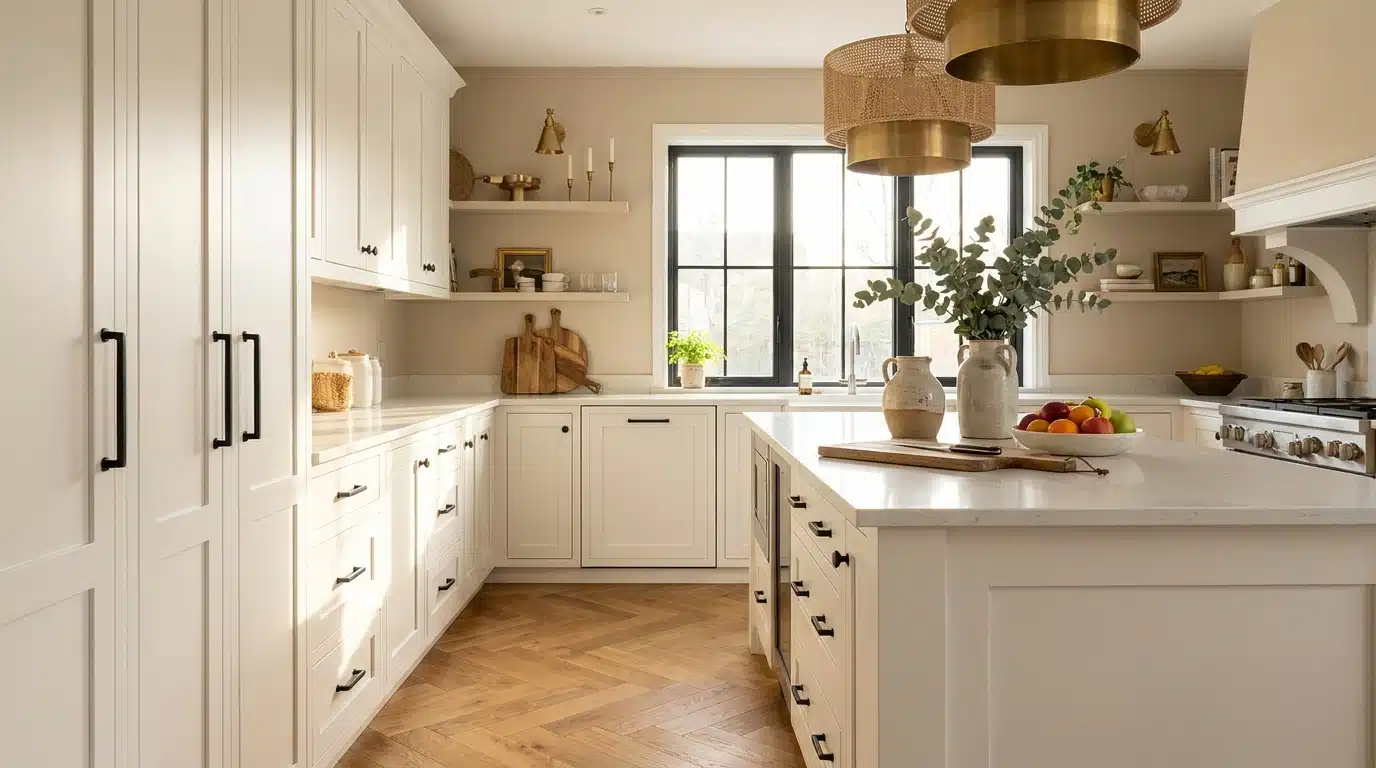 Scandinavian black and white galley kitchen with checkered floors, skylight ceiling, and open shelving