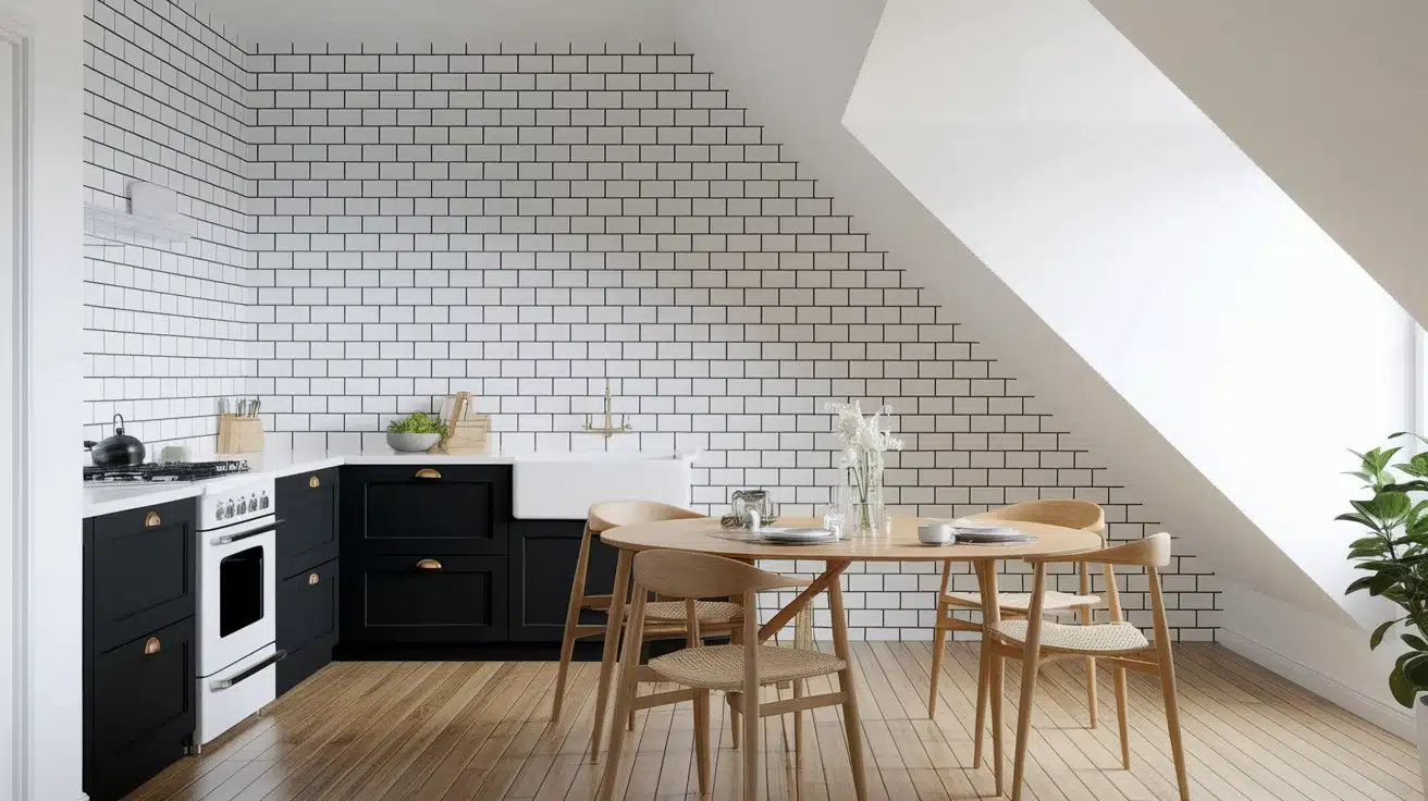 Scandinavian black and white kitchen with subway tiles, sink, stove, bright daylight view