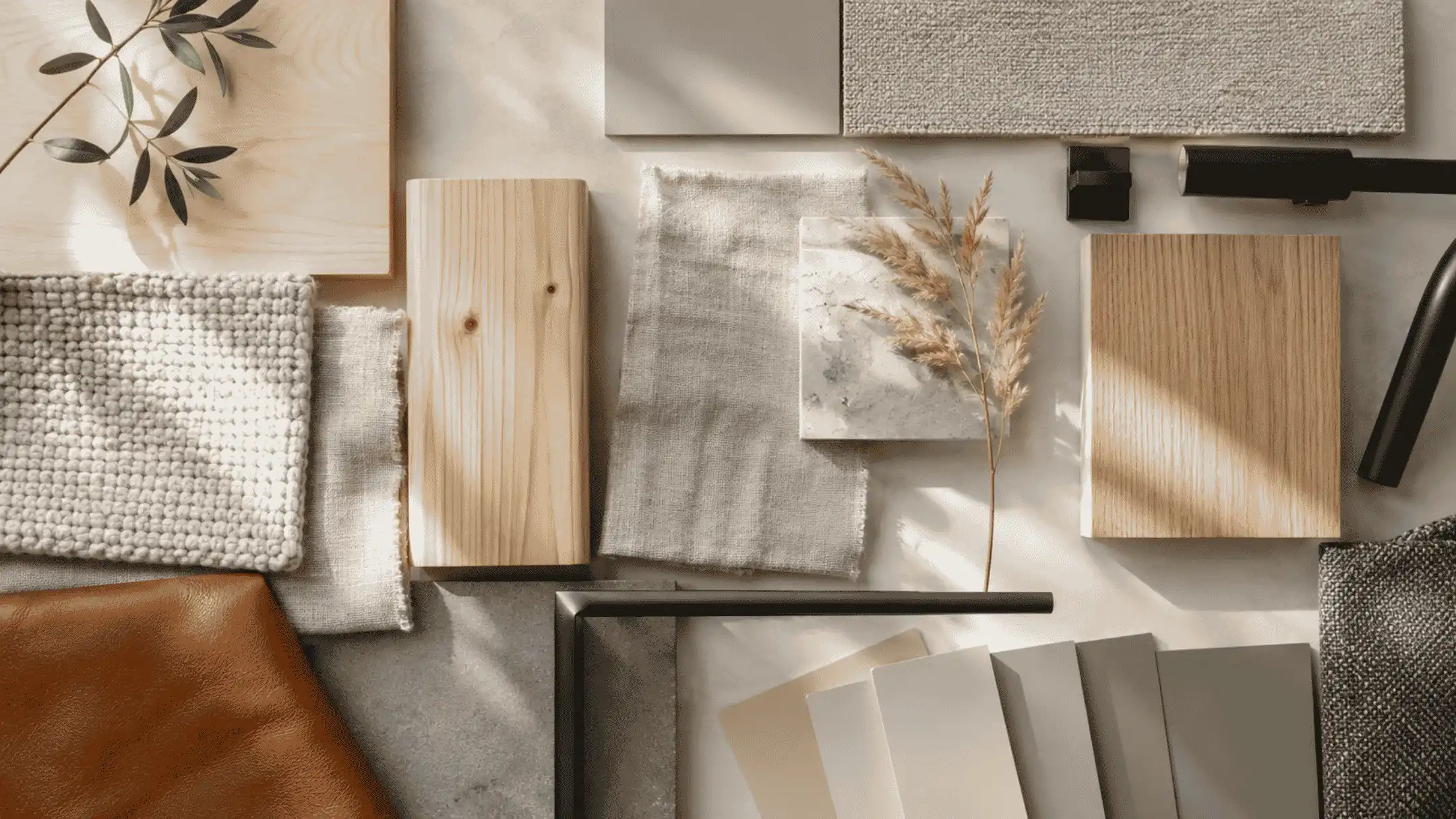 scandinavian material mood board with wood linen wool leather stone paint swatches and black metal.