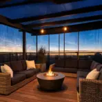wicker u-shaped sectional with dark cushions around a round fire pit table against a vivid dusk sky horizonwicker u-shaped sectional with dark cushions around a round fire pit table against a vivid dusk sky horizon