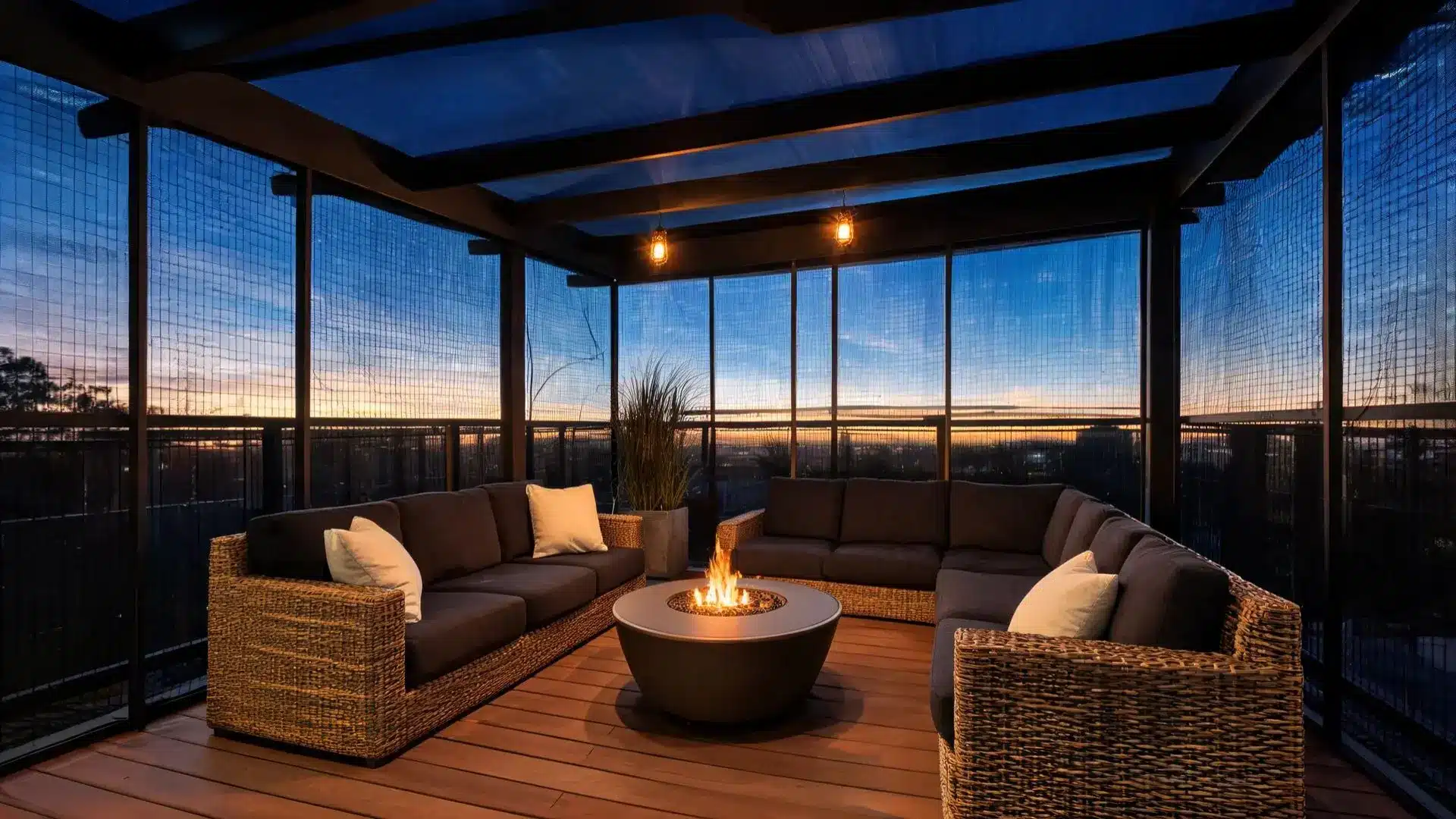 wicker u-shaped sectional with dark cushions around a round fire pit table against a vivid dusk sky horizonwicker u-shaped sectional with dark cushions around a round fire pit table against a vivid dusk sky horizon