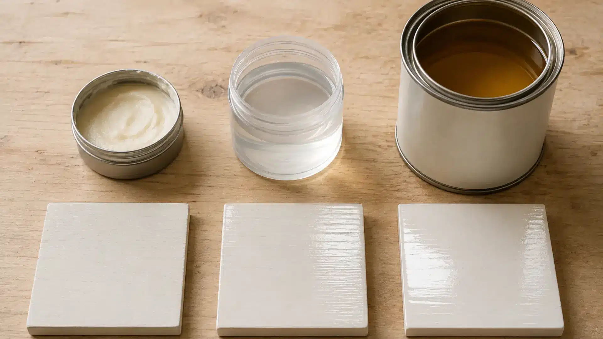 a clean flat lay on a light wooden workbench surface showing three finishing product containers lined up side by side, the left being a small round wax tin with the lid off showing soft creamy wax inside, the center being a small cylindrical container with clear glossy liquid visible, and the right being a larger can with slightly amber tinted liquid visible, with a small painted wood sample square in front of each container showing the corresponding finish level from matte to satin to gloss under soft natural side lighting