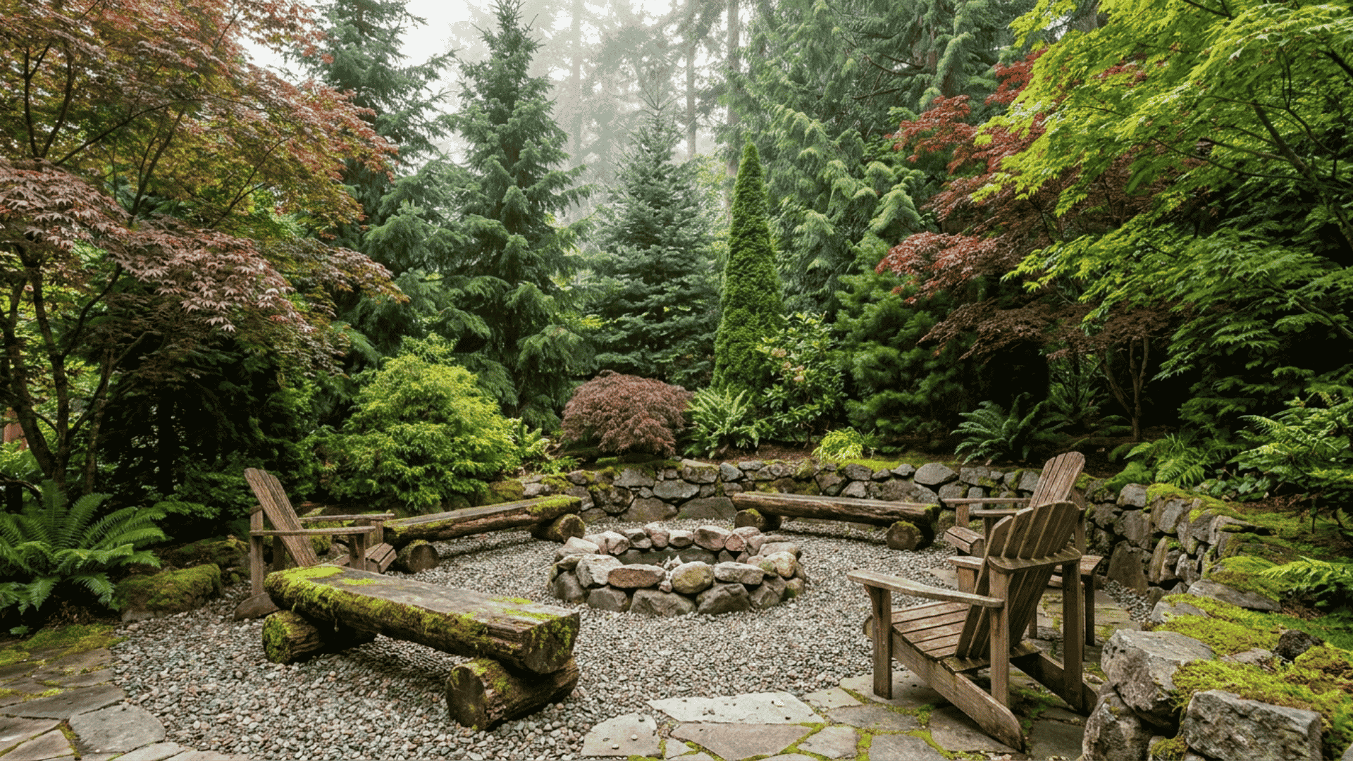Secluded woodland fire pit area with rustic wooden benches, Adirondack chairs, and a gravel circle surrounded by lush greenery.