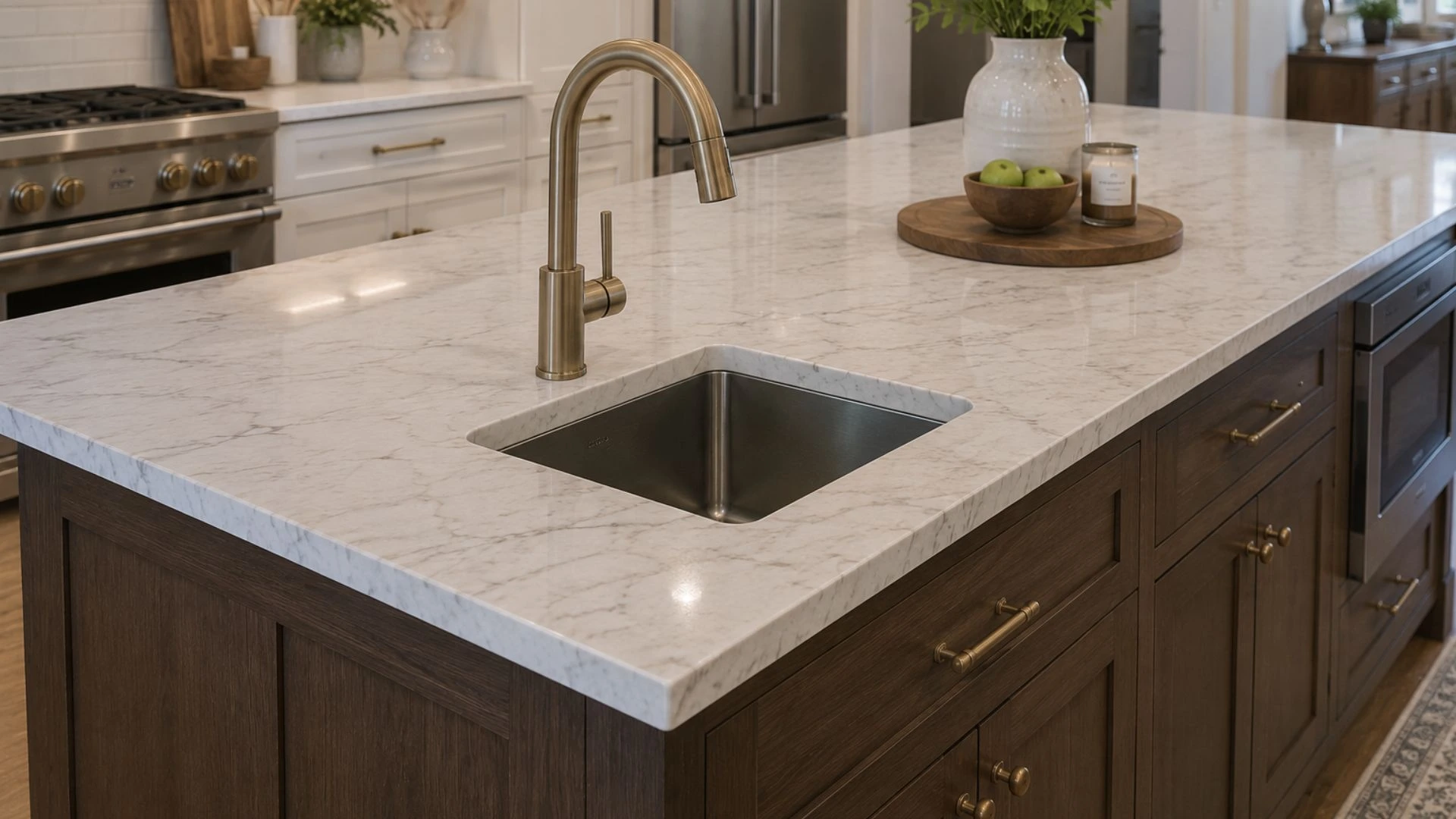undermount stainless steel island sink with brushed nickel faucet on white marble countertop and dark wood cabinets