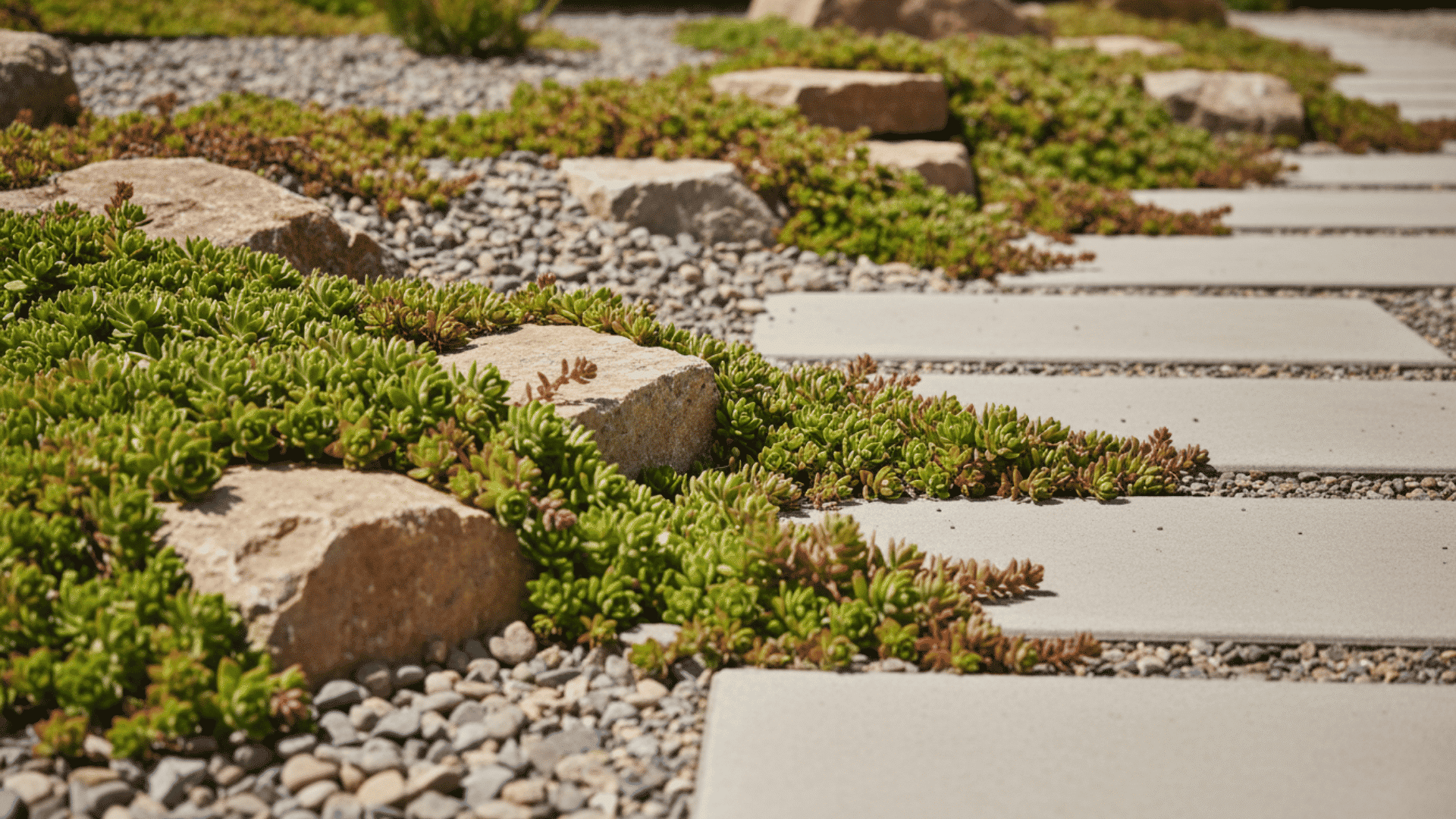 Sedum thick green sedum plants growing between rocks in sunny drought tolerant garden